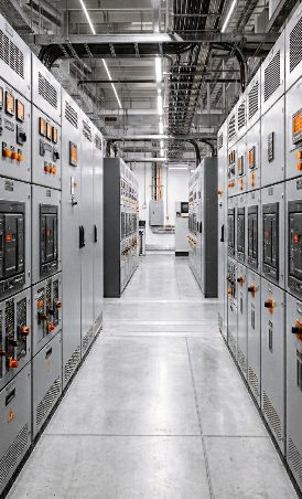 Data center aisle lined with power and cooling cabinets