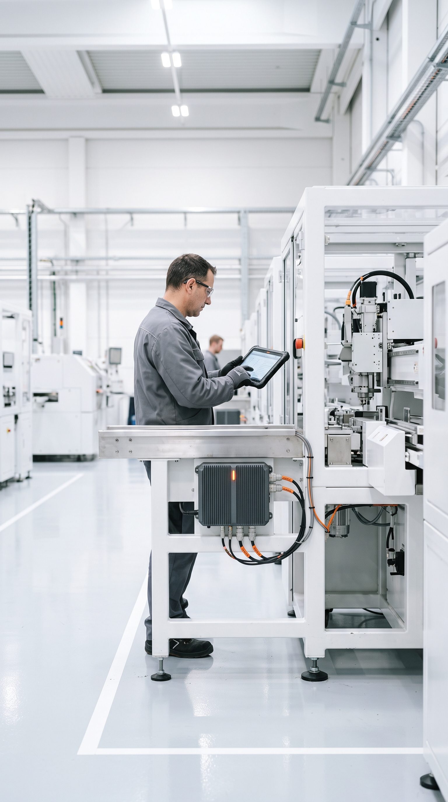 Technician using an edge computing terminal beside factory equipment