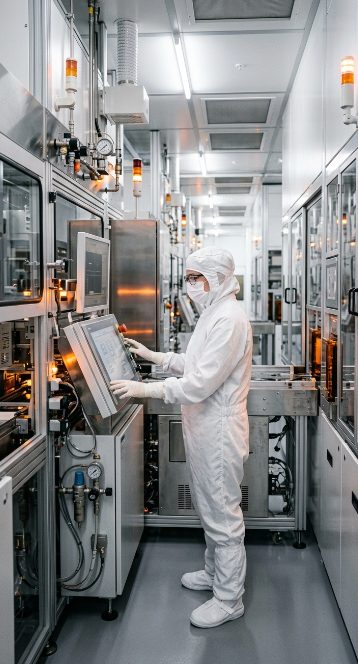 Engineer in a cleanroom suit operating semiconductor equipment