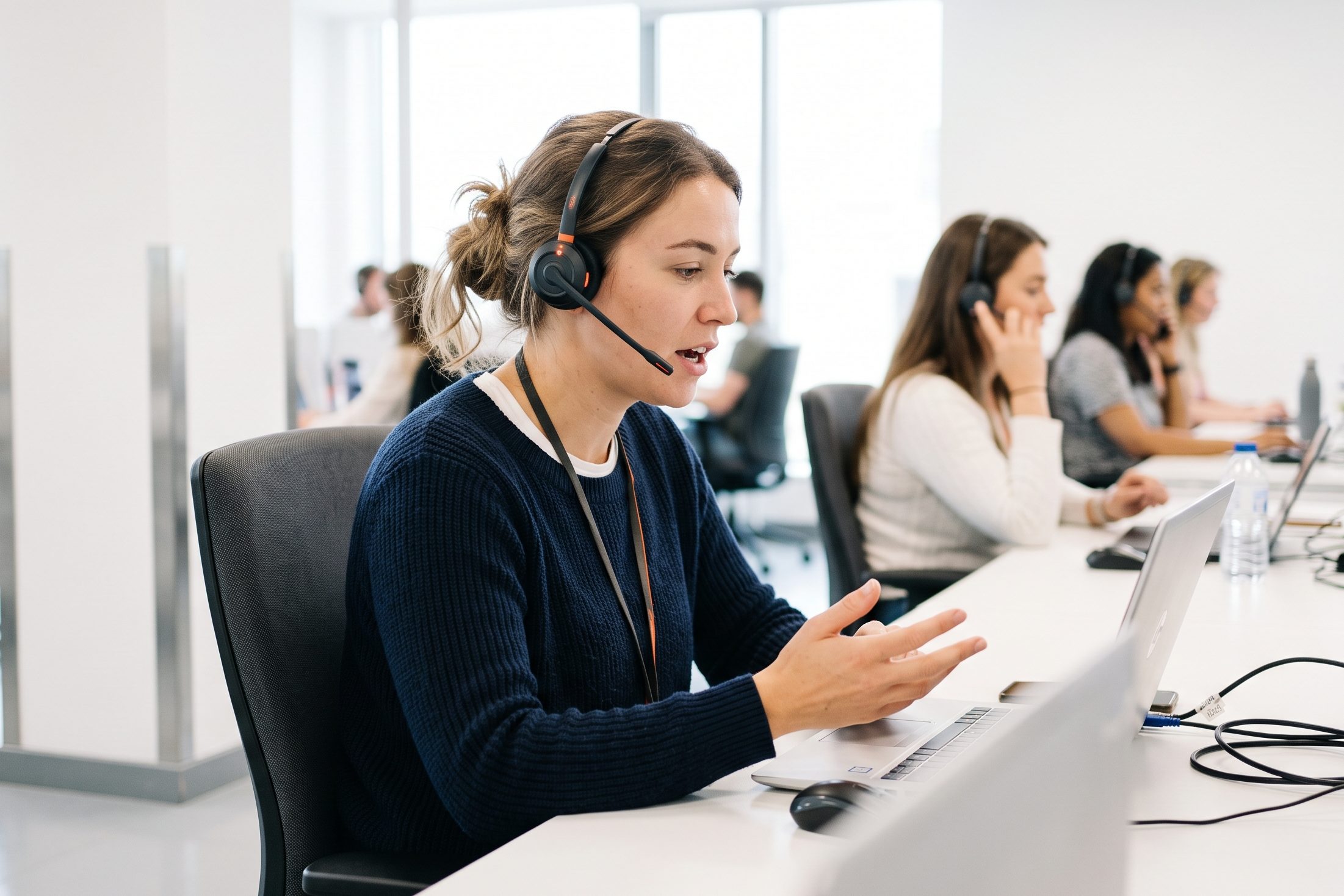 Customer service agent with a headset helping a customer at a laptop