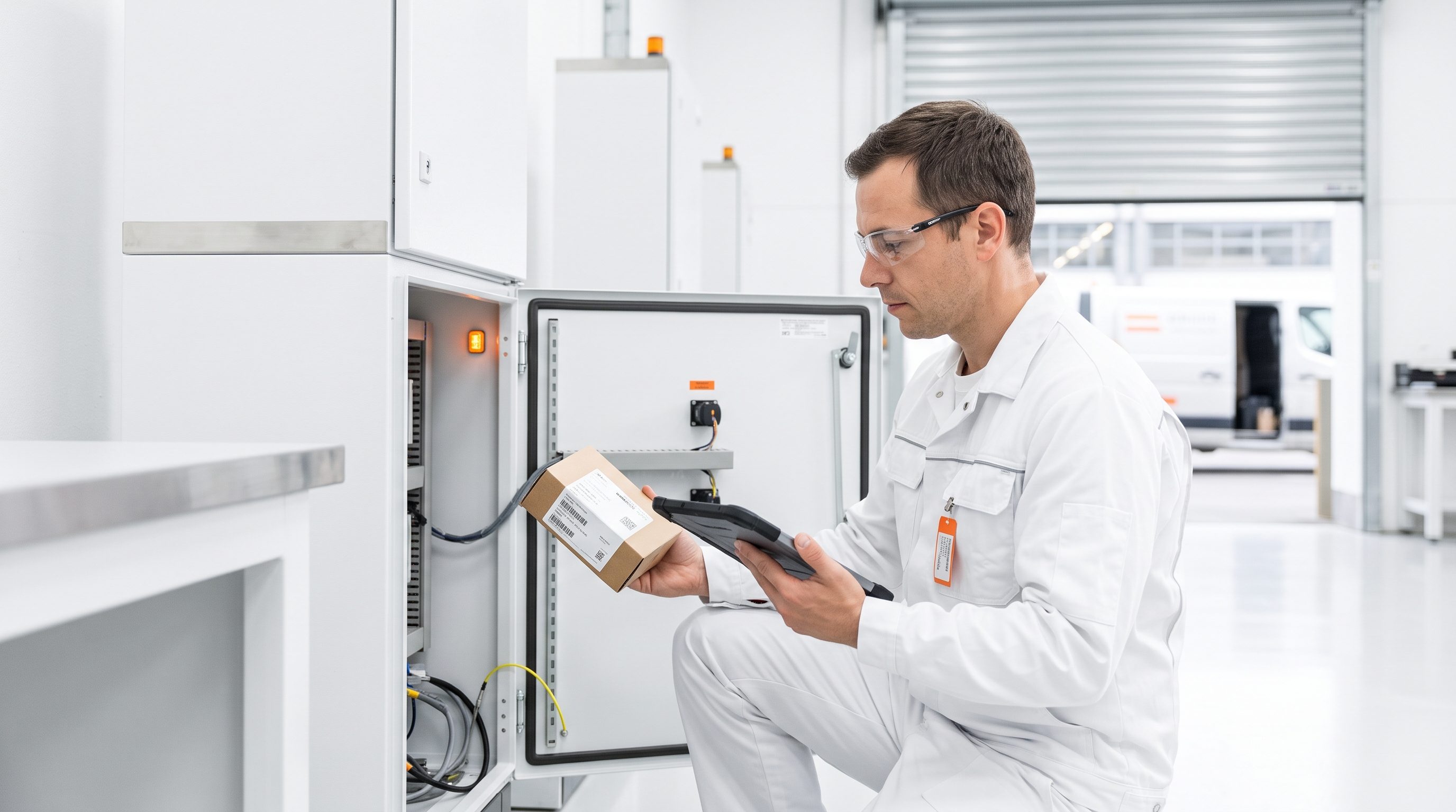 Field service technician with a tablet inspecting equipment on site