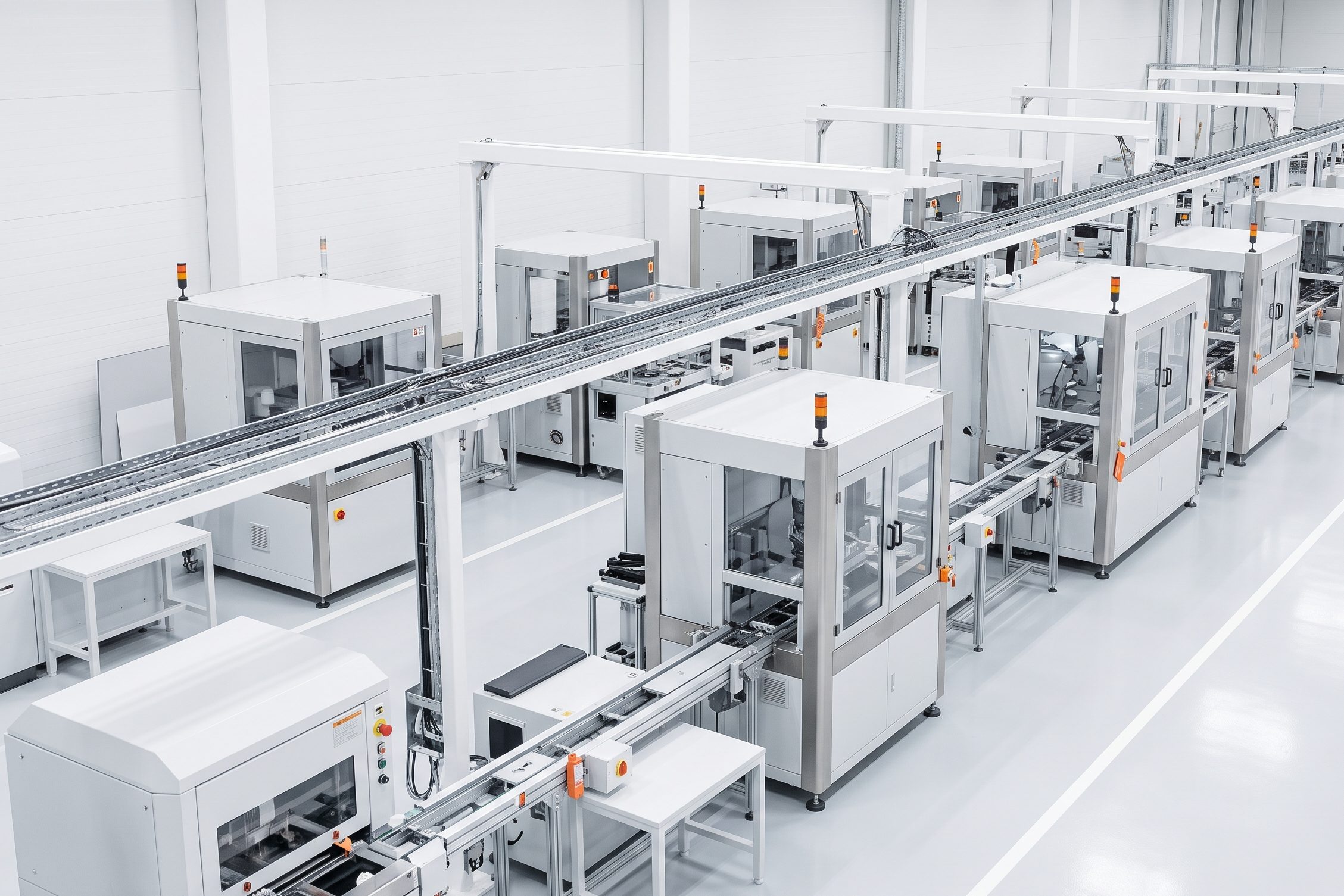 Rows of installed production equipment on a factory floor
