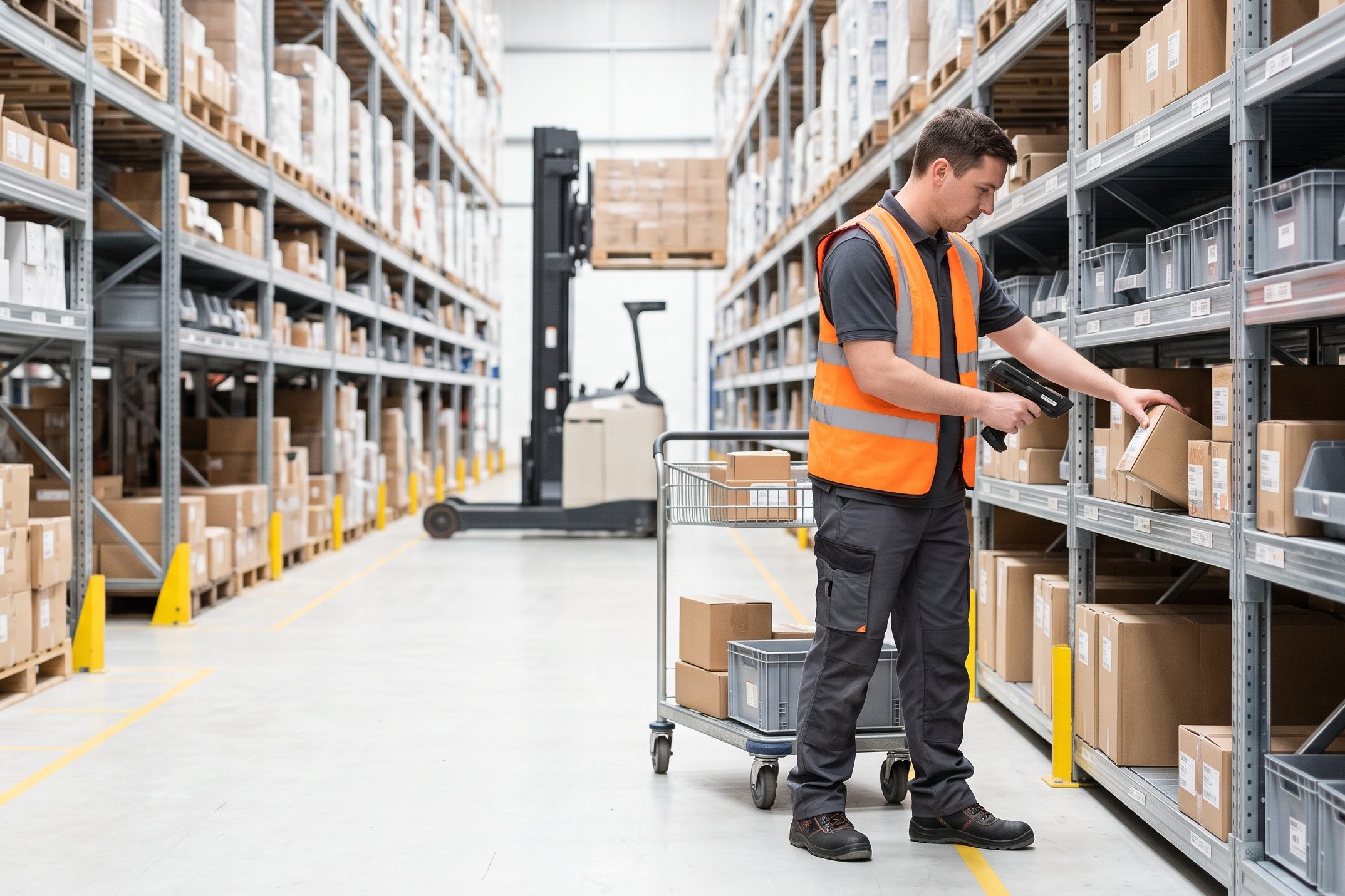 Warehouse worker picking service parts from inventory shelves