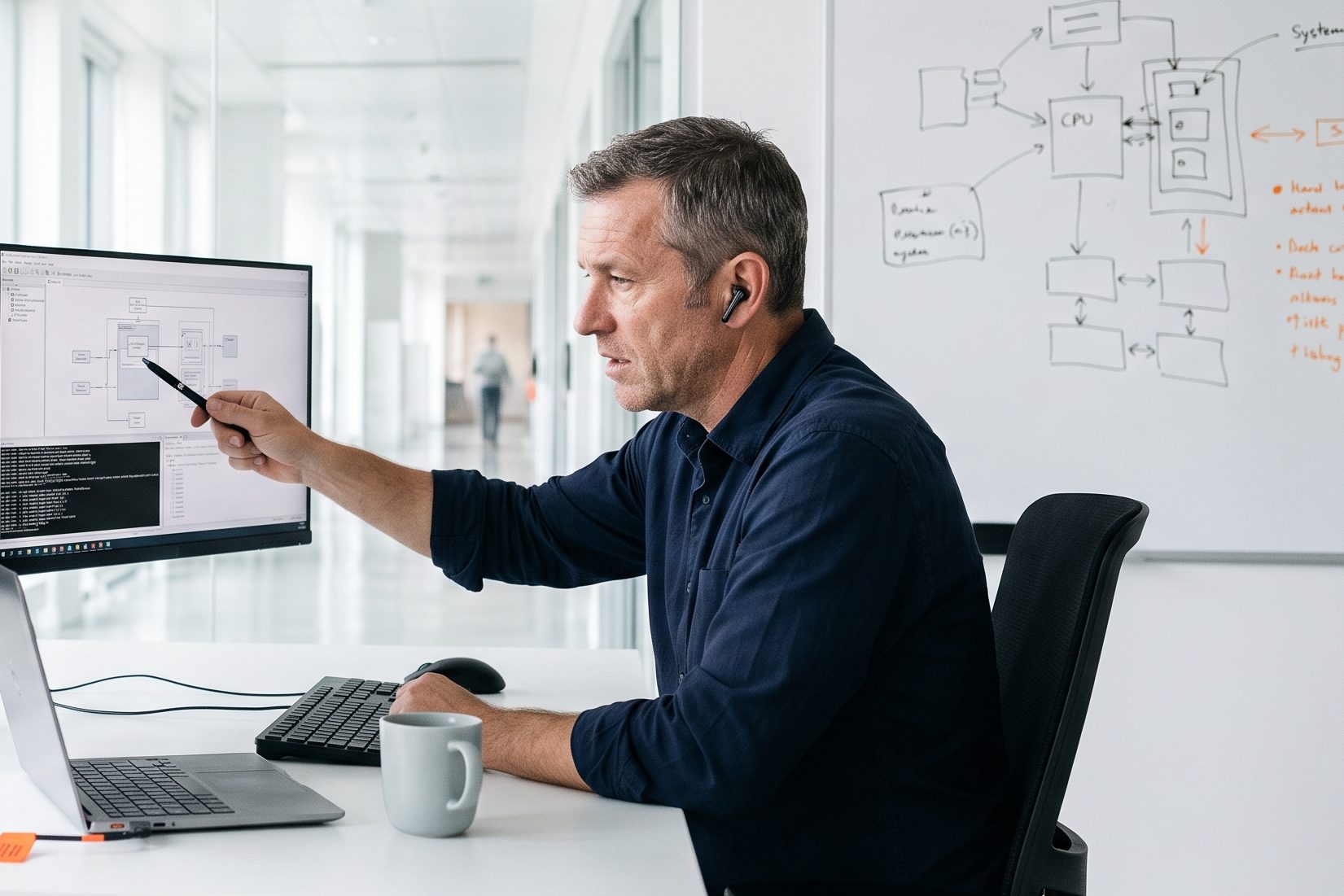 Remote support engineer reviewing diagnostic data on a monitor