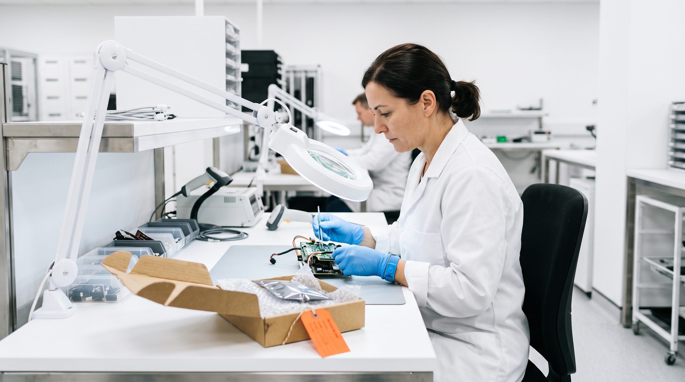 Technician inspecting a returned circuit board at a lab bench